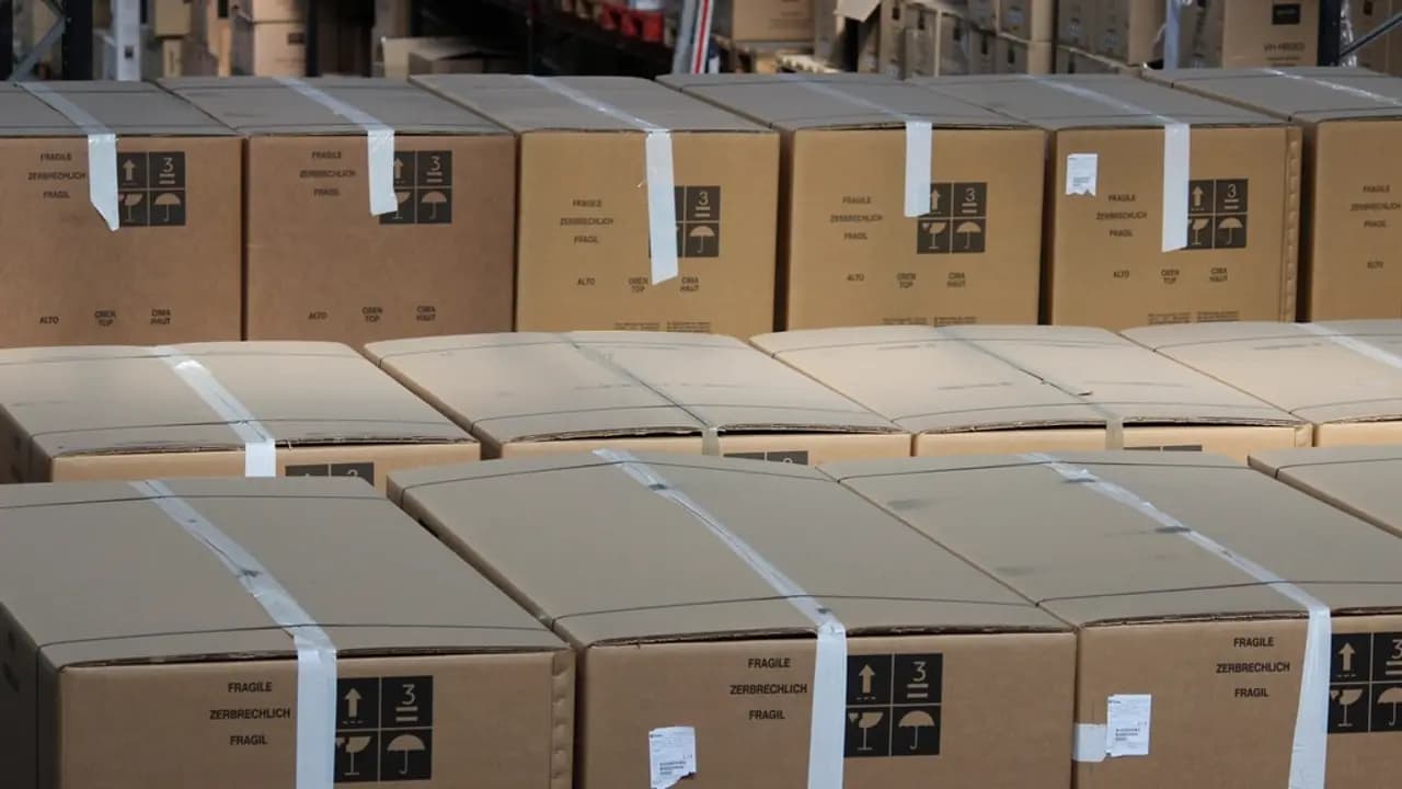 Cardboard boxes stacked in a store room