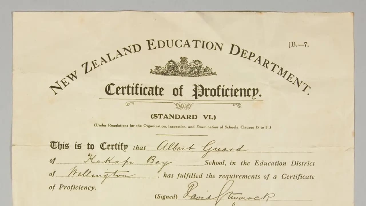A printed school certificate