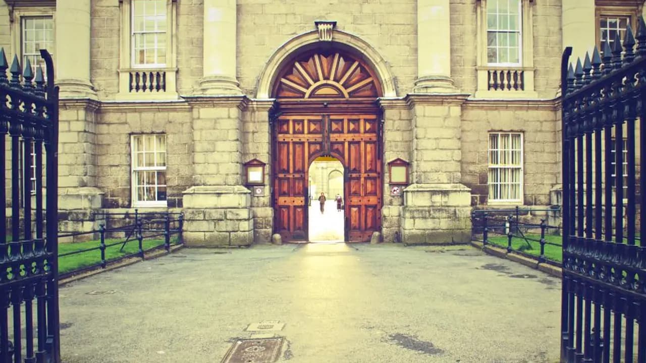 The lit archway of a school entrance