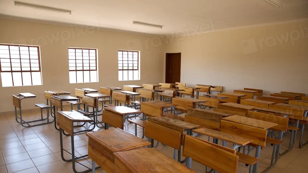 An empty classroom of wooden desks in the sunlight